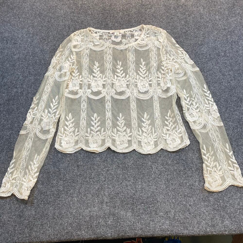 Adam Levine Womens Large Ivory Sheer Lace Long Sleeve Top Shirt Embroidered